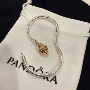 Pandora Two-Tone Silver Snake Chain Bracelet with Gold Pavé Head